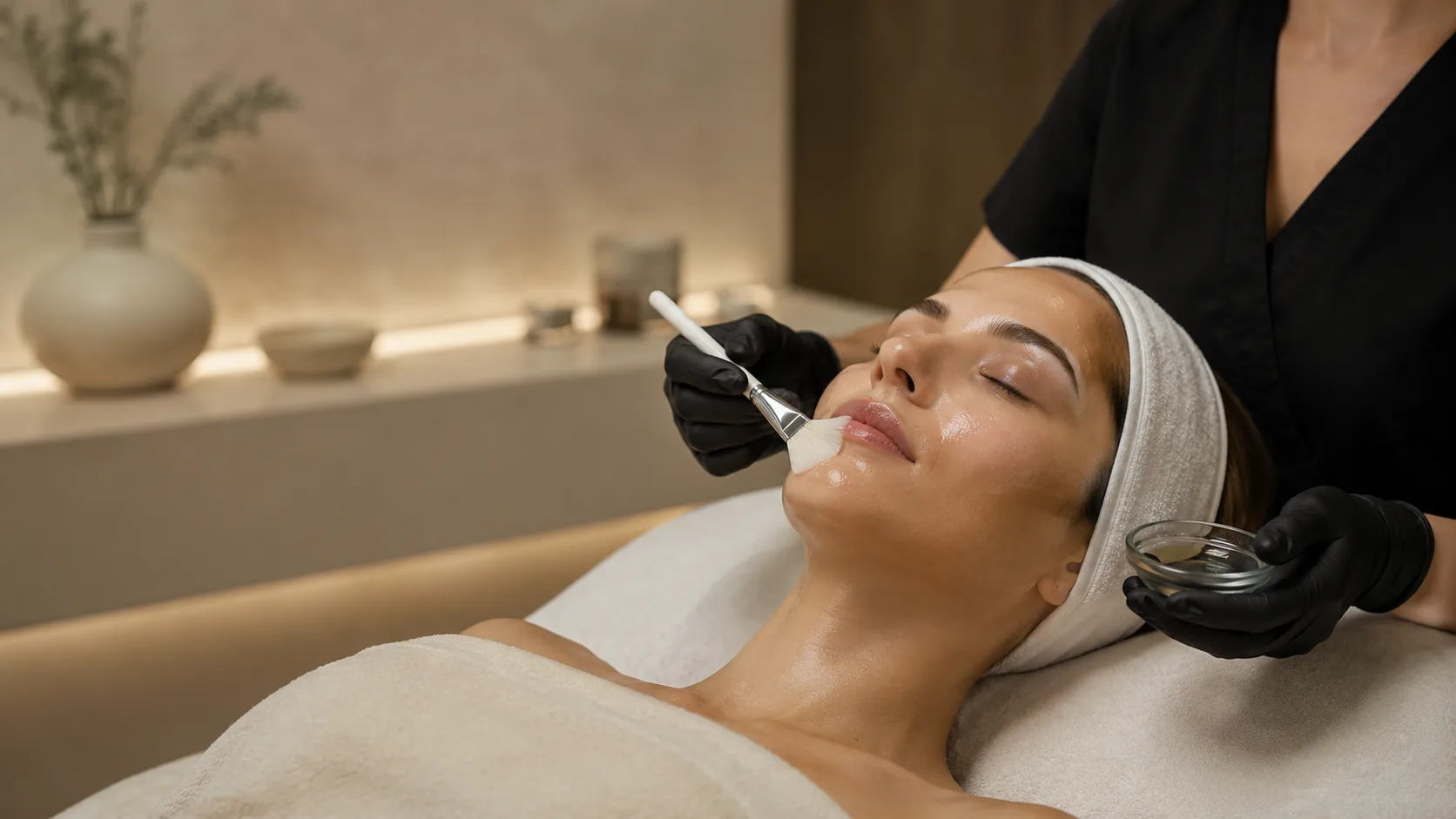 Editorial imagery of a peel being brush-applied