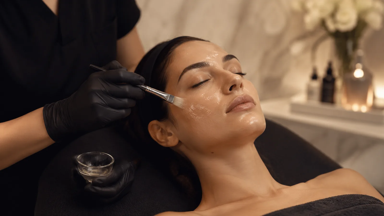 Editorial imagery of a facial against dark drapery